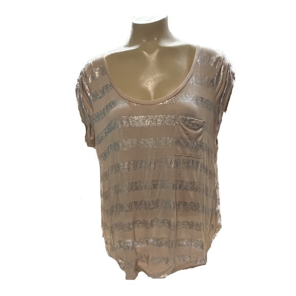 Jennifer Lopez Women’s BLUSH & SILVER Striped TSHIRT NWT SIZE L - Picture 1 of 4